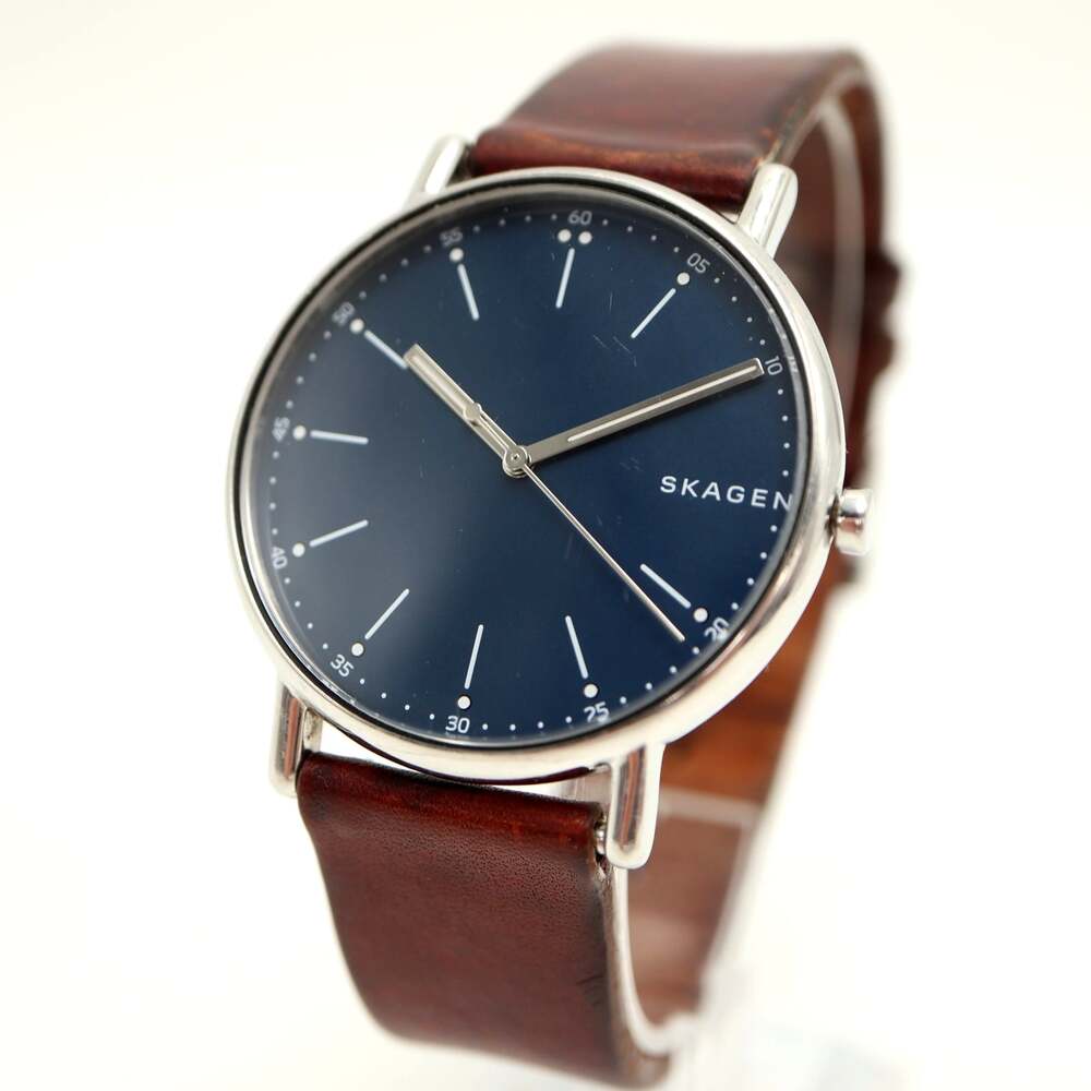 Skagen Men's Ultra Slim Blue 40mm Dress Watch Brown Leather with New Battery